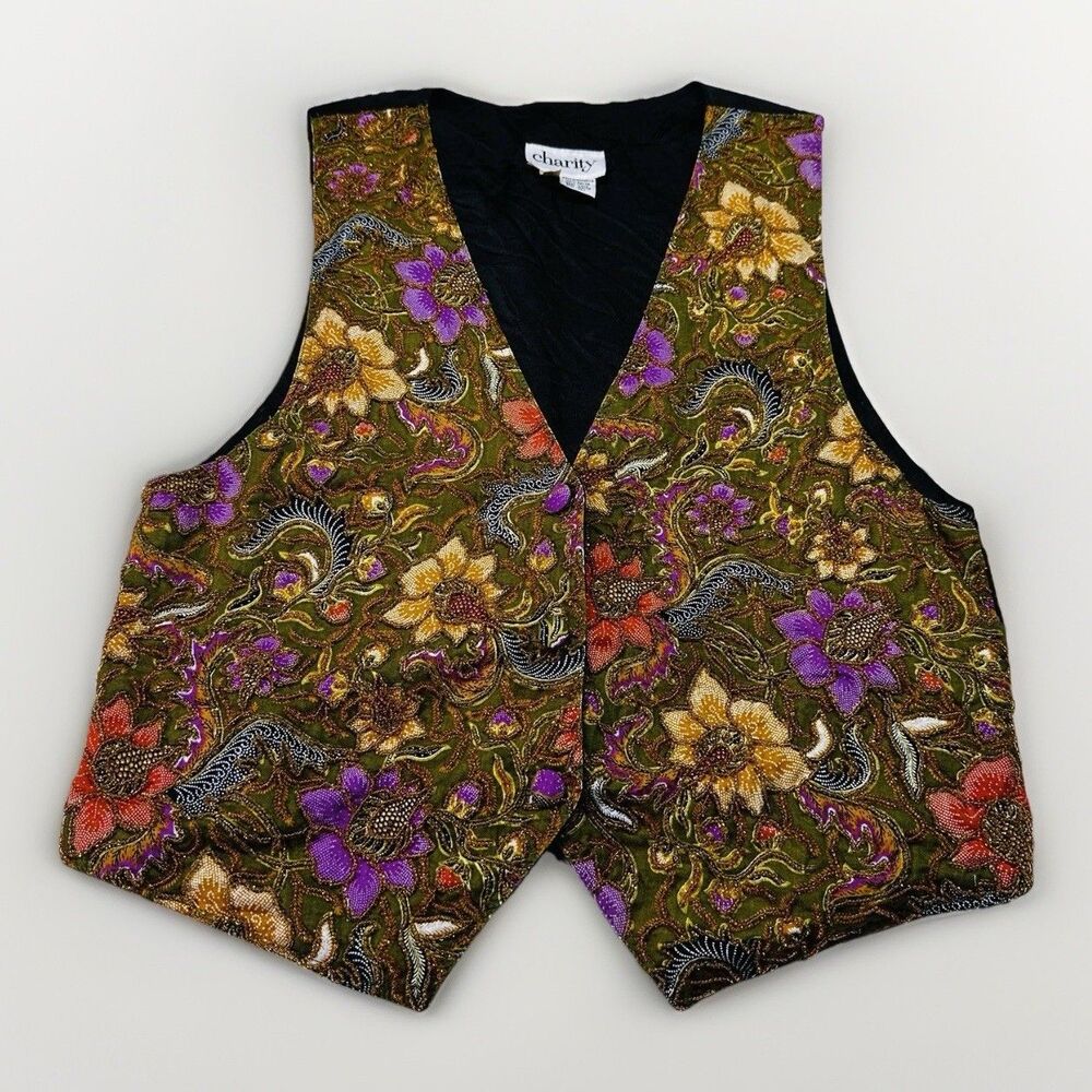 Charity Womens S Beaded Floral Vest Silk Lined Green Vintage